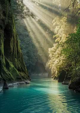 Sunlit River Through Forest Canyon
