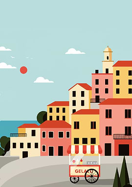 Coastal Town with Gelato Cart