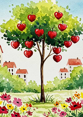Watercolor Heart Apple Tree Landscape