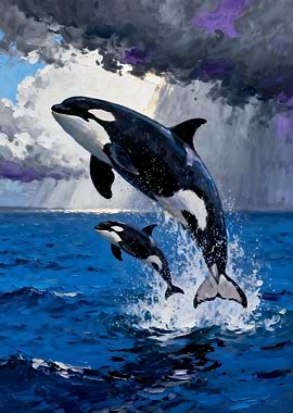 Orcas leaping from the ocean painting