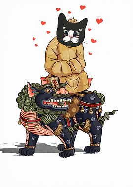 Cat riding a Foo Dog