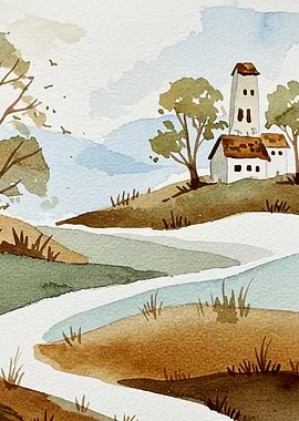 Watercolor Landscape with Buildings and River