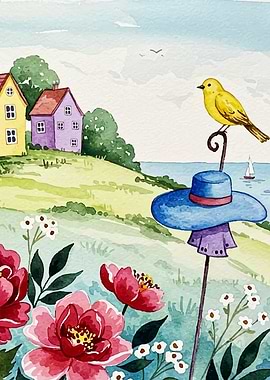 Watercolor Coastal Scene with Bird and Flowers