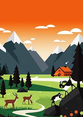 Mountain Landscape with Animals and Cabin