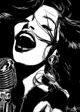 Singing Woman Black and White Illustration