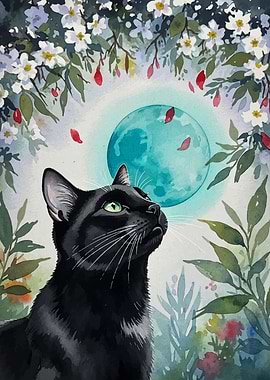 Black Cat Gazing at Moon Watercolor
