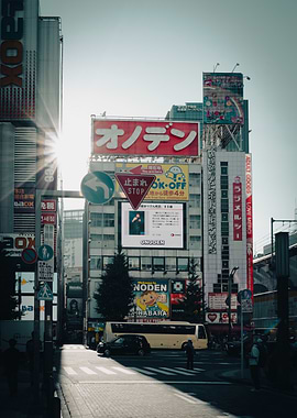 Akihabara street scene with bright sunlight