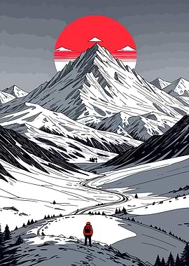 Mountain Hiker with Red Sun