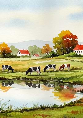 Watercolor Cows in Rural Landscape