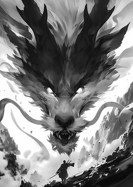 Monochrome Dragon and Warrior Illustration