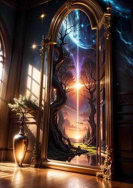 Ornate Mirror Reflecting Cosmic Landscape