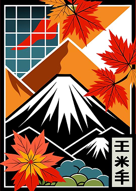 Mount Fuji Autumn Leaves Illustration Metal Wall Print Art