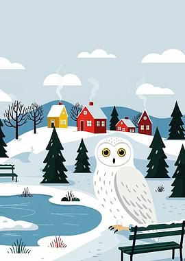 Winter Village with Snowy Owl