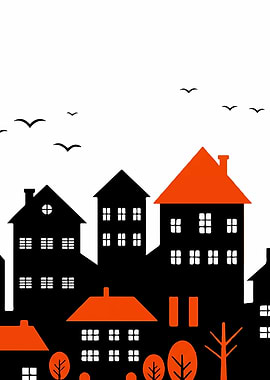 Stylized Cityscape with Birds