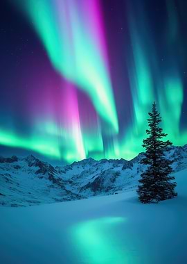 Aurora Borealis over Snowy Mountains