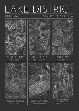 Lake District Mountains Topographic Contour Map