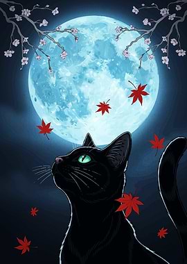 Black Cat Under Moonlight with Maple Leaves