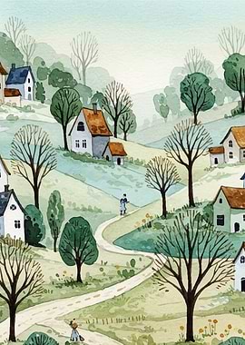 Watercolor Village Landscape
