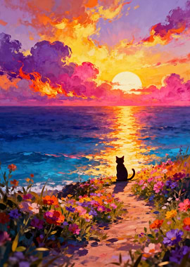 Cat Silhouette at Sunset Ocean View