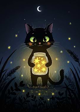 Cat Holding Jar of Stars
