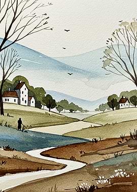 Watercolor Landscape with Houses and River