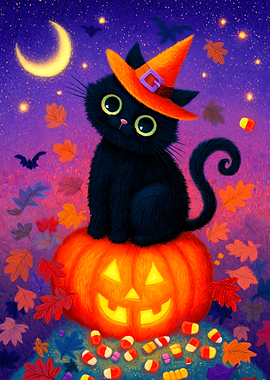 Halloween Cat on Pumpkin