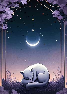Sleeping Cat Under Crescent Moon