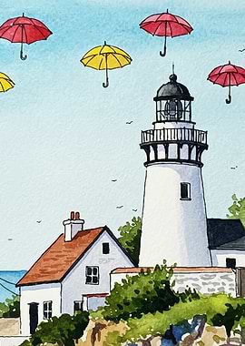Watercolor Lighthouse with Floating Umbrellas