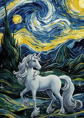 Unicorn in Starry Night Style