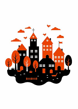 Stylized Village Illustration in Orange and Black