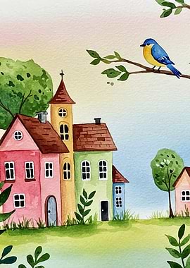 Watercolor Village with Bird
