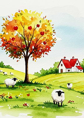 Watercolor Sheep Meadow with Apple Tree