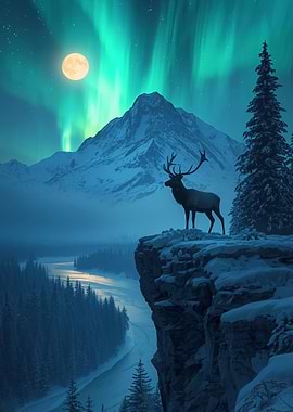 Majestic Deer Under Aurora Borealis