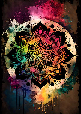 Colorful Mandala with Watercolor Splatters