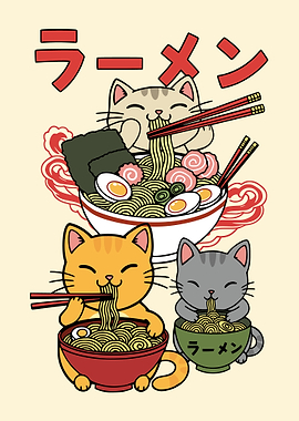 Cats Eating Ramen Illustration