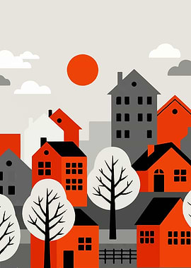 Stylized Townscape with Orange Sun