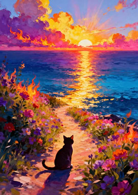 Cat Watching Sunset by the Sea