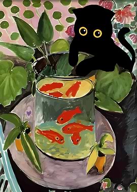 Black Cat and Goldfish Still Life