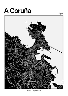 A Coruña Black and White Map