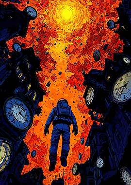 Astronaut in Time-Warped Cityscape