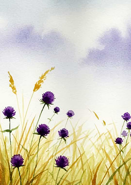 Watercolor Purple Flowers and Golden Grass