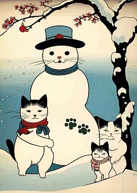 Cats and Snowman Winter Scene