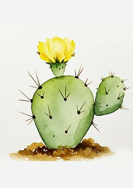Watercolor Cactus with Yellow Flower