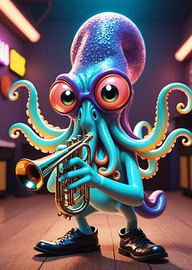 Cartoon Octopus Playing Trumpet