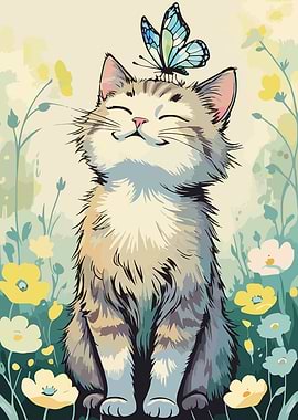 Cat with Butterfly in Flower Field