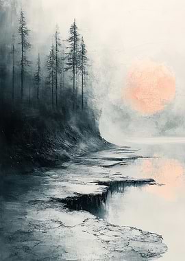 Misty Forest Lake Sunrise Painting