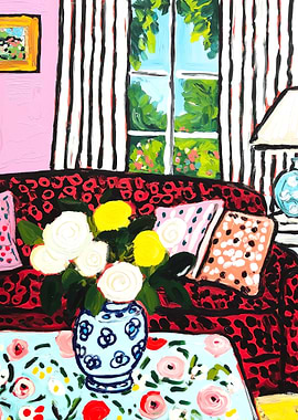 Colorful Interior Painting with Floral Accents