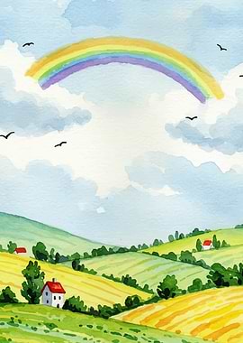 Watercolor Landscape with Rainbow and Houses