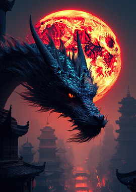 Dragon over Asian City with Red Moon