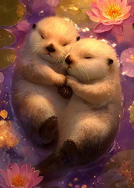 Two Otters Cuddling in Water Lilies